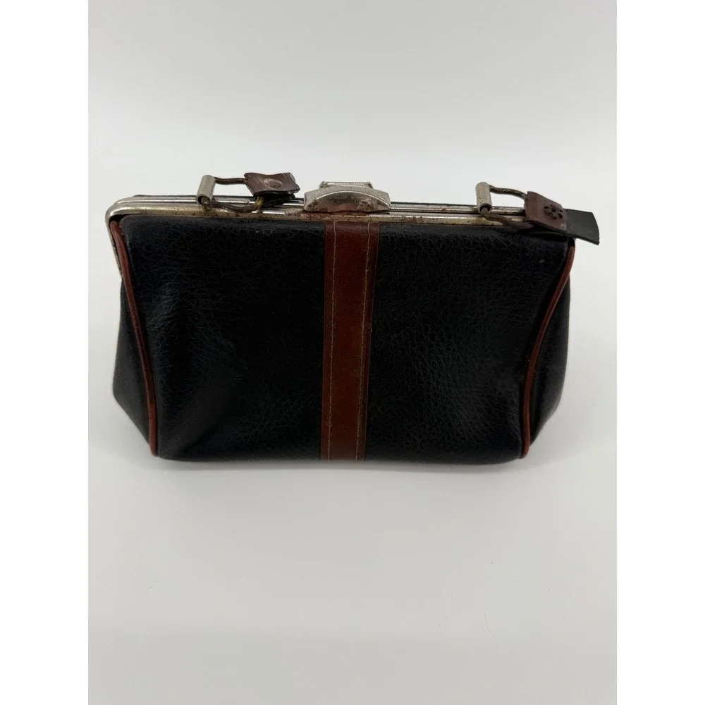 Vintage‎ Black Leather Clutch Purse Kiss Lock Frame Small Bag Women
